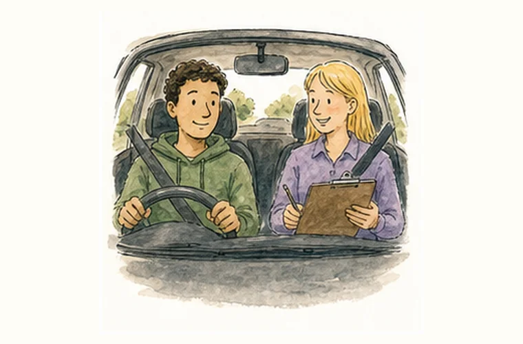 Instructor guidance during a calm behind-the-wheel driving lesson