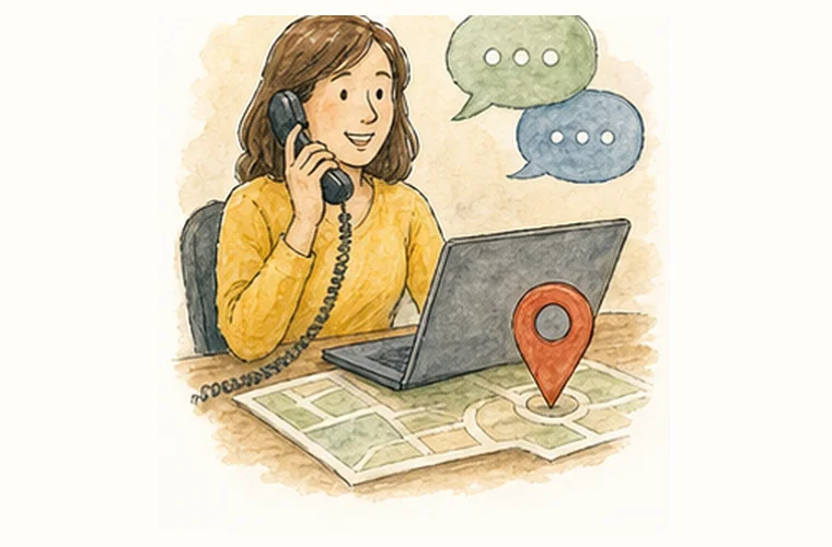Friendly office contact support illustration with phone, message, and map pin