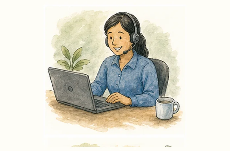 Friendly support illustration with phone and message bubble