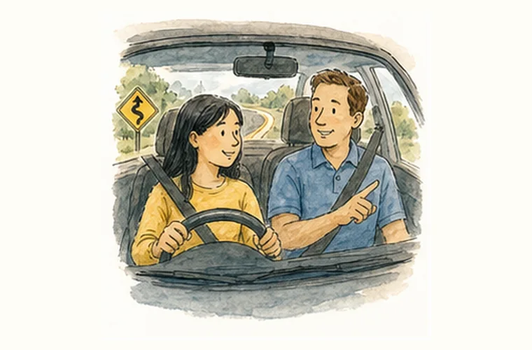 Instructor guiding a student during a calm behind-the-wheel driving lesson