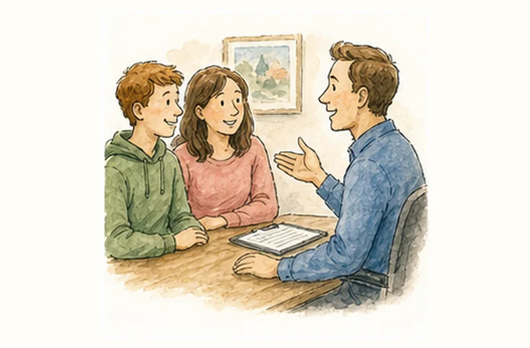 Parent and teen speaking with a driving instructor