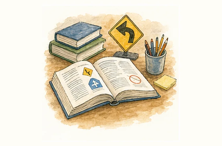 Road signs and study materials for permit test preparation