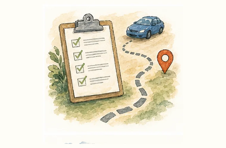 Simple checklist and path-to-start illustration for driving school enrollment