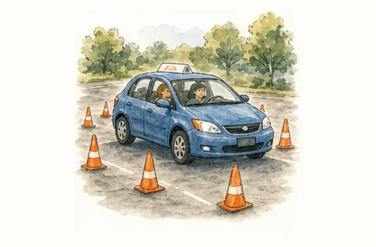 Car practicing road test maneuvers with parking cones