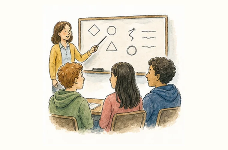 Classroom-style driving lesson with road rules on the board